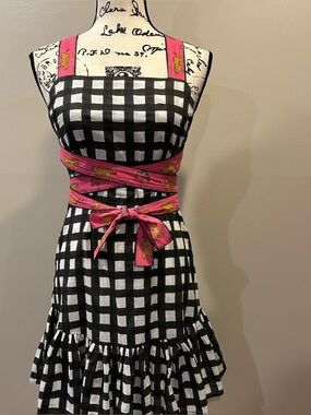 Mo Maya Luna Check and Leopard Print Strap Square Neckline Sleeveless Mini Dress